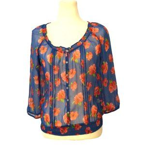 Hollister Sheer Floral Blouse, See Through Top, Button Up, Size Large, Blue with